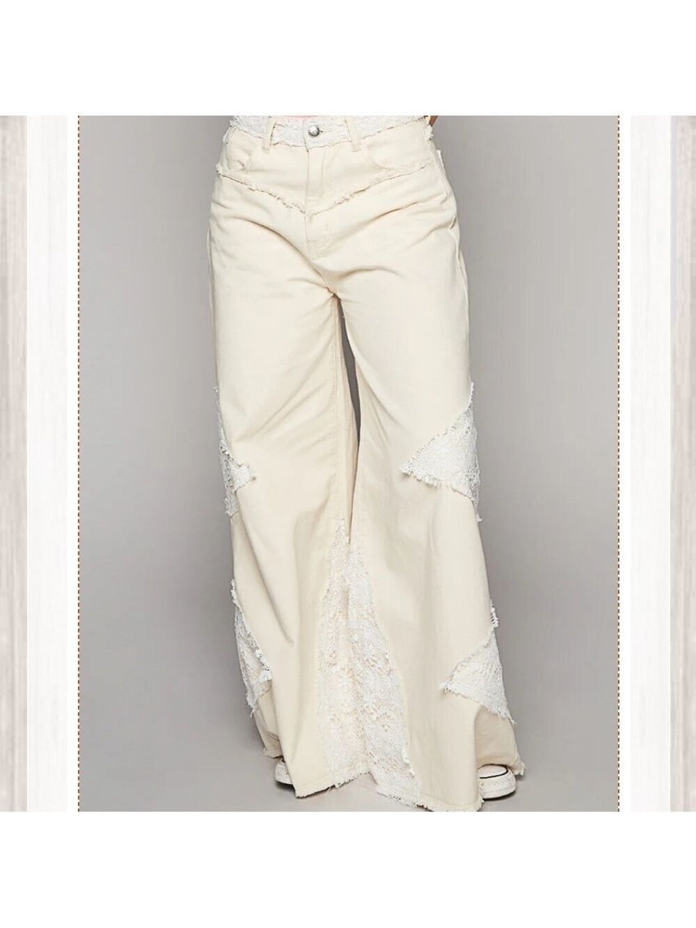Women's POL Cream Wide-Leg Jeans with Lace/Crochet Accents